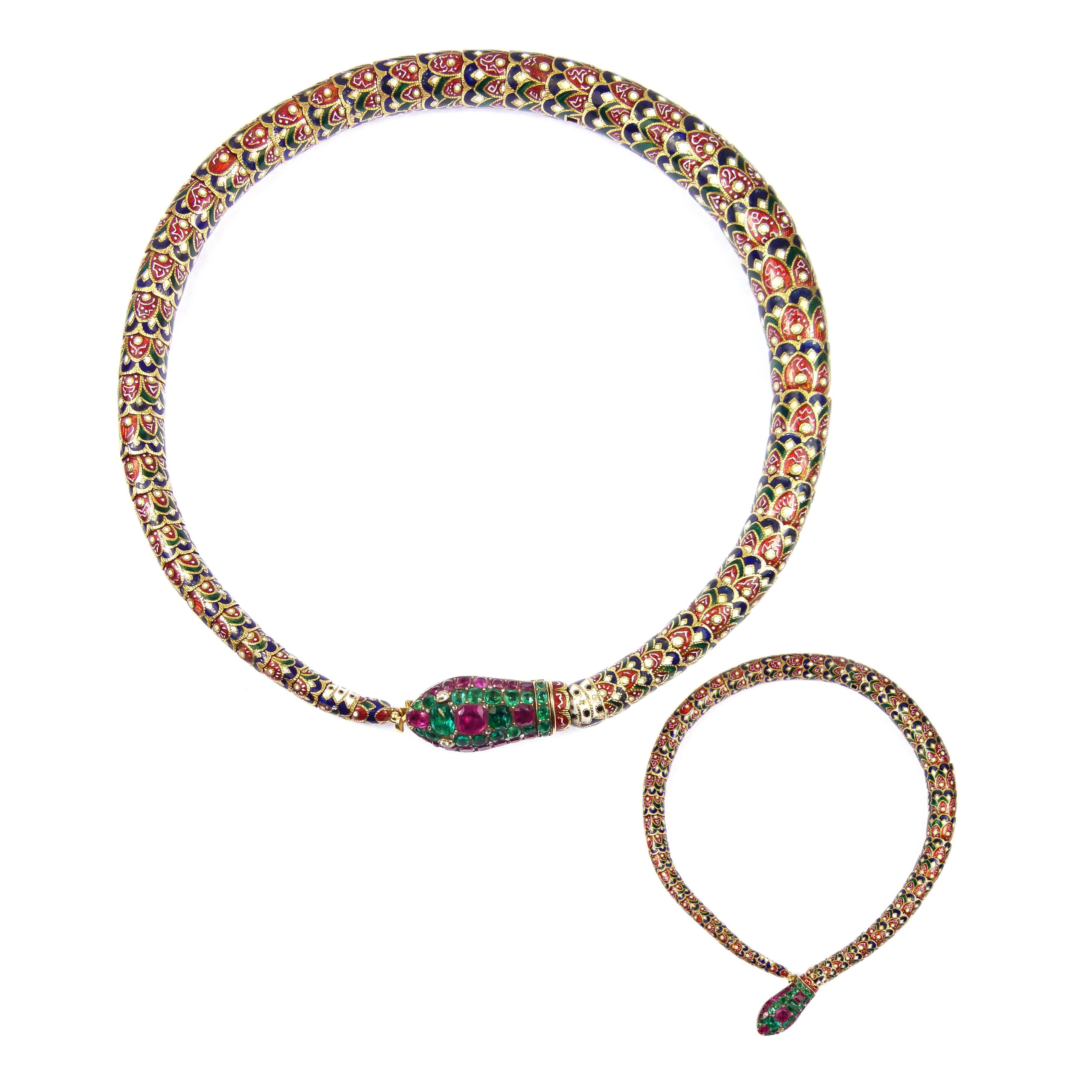 Emerald, ruby, enamel and gold articulated snake necklace